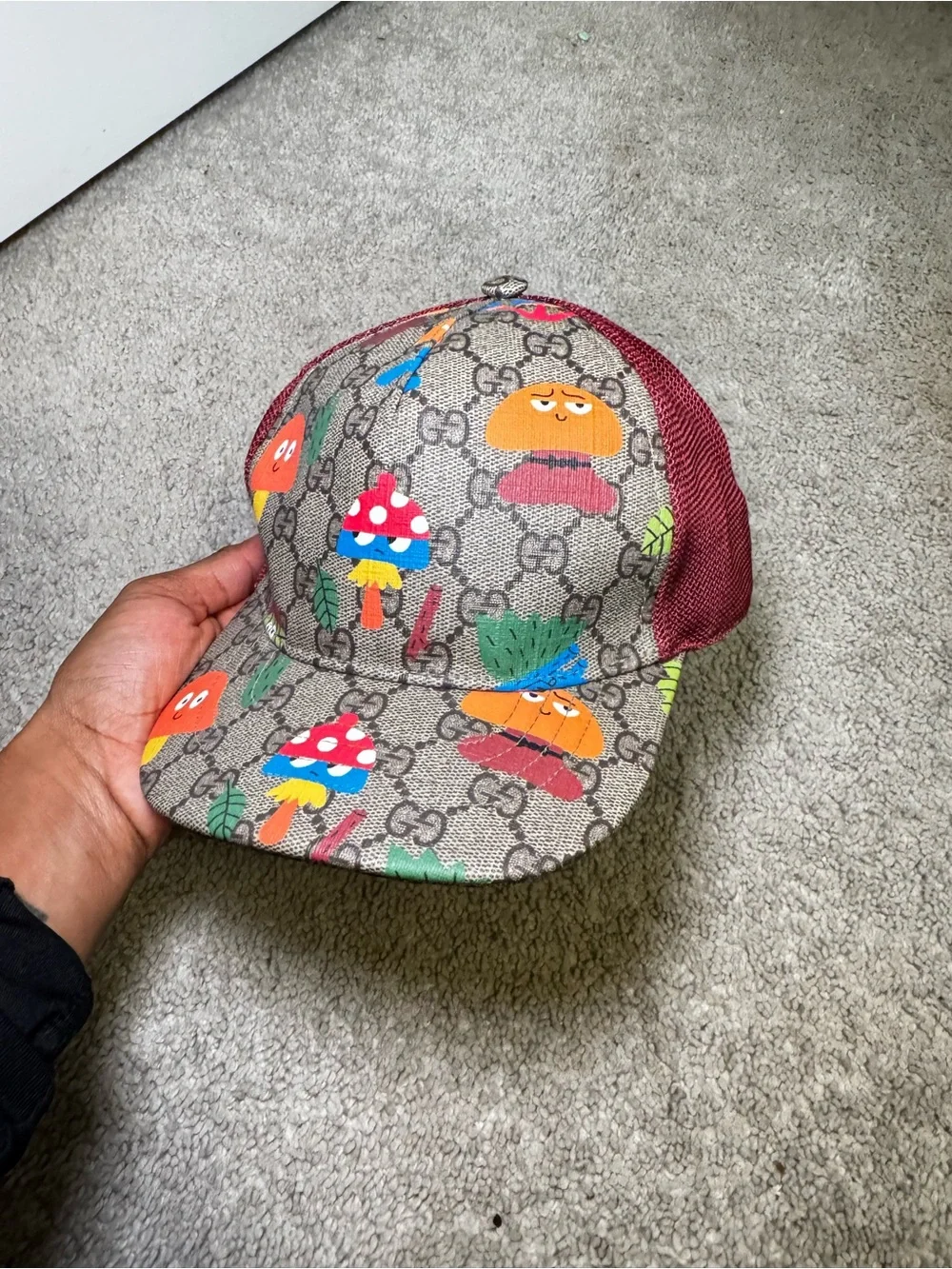 Gucci Beige GG Supreme Kids Cap with Colorful Mushroom & Fruit Print